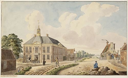 Het Rechthuis, Middenweg 4-6 gezien van de (huidige) Linnaeuskade langs de Ringdijk in zuidwestelijke richting. Door Hendrik Keun. 1777. Beeldbank Amsterdam  