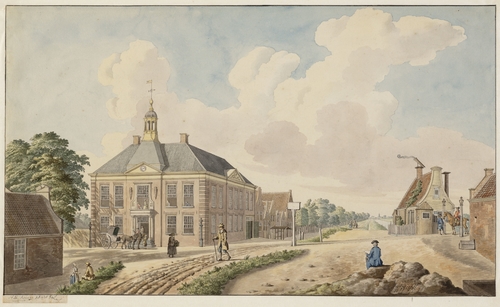 Het Rechthuis, Middenweg 4-6 gezien van de (huidige) Linnaeuskade langs de Ringdijk. Rechts het tolhek aan het eind van de Oeterwalerweg <br />Collectie Stadsarchief Amsterdam Datering: 1777 t/m 1787. 