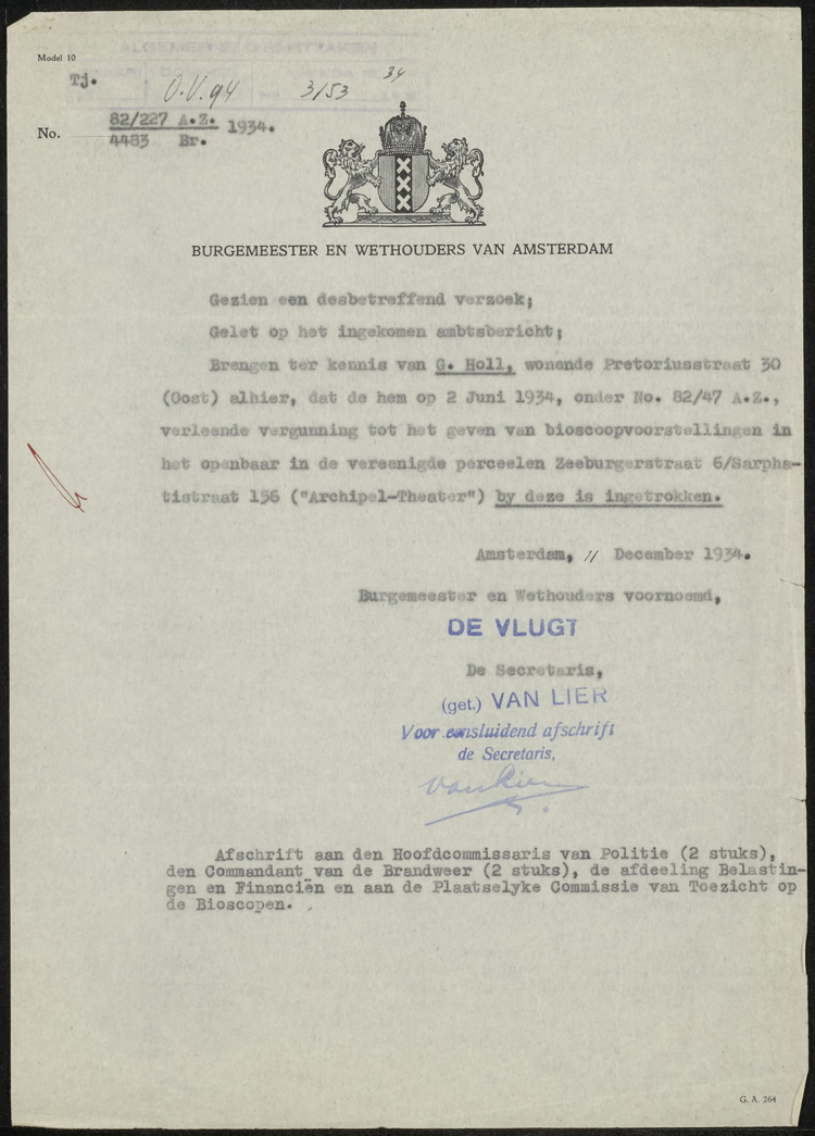 De bioscoopvergunning, verleend aan Gerrit Holl, wordt per 11 dec. 1934 ingetrokken. Bron: politiearchief, inv.nr.  5225 – 4878.  