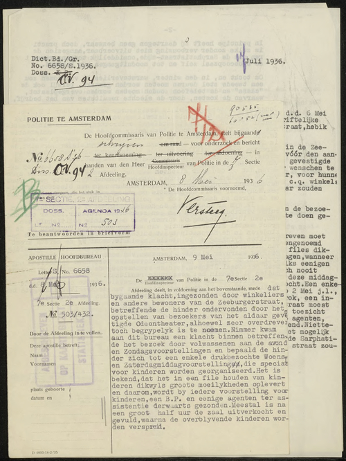 Apostille Hoofdbureau m.b.t. melding overlast, datering 9 mei 1936. Bron: politiearchief, inv.nr.  5225 – 4878   