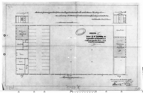 Bouwplan van de houten loods voor de Maatschappij Amsterdamsch Goederenvervoer, 1905. Bron: Archief van de Dienst Bouw- en Woningtoezicht: bouwtekeningen (SAA).   