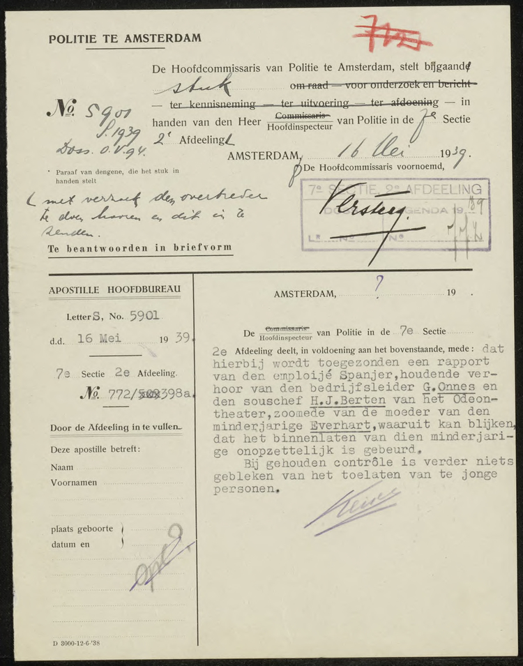 Apostille Hoofdbureau m.b.t. melding overlast en verhoren diverse personen, datering 16 mei 1936. Bron: politiearchief, inv.nr.  5225 – 4878   