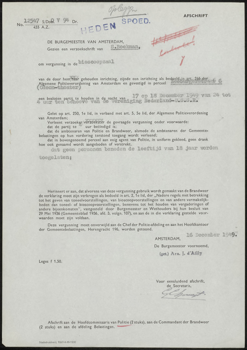 Aanvraag voor het organiseren van een nachtvoorstelling (ver. Ned. USSR), bron: politiearchief, inv.nr.  5225 – 4878  