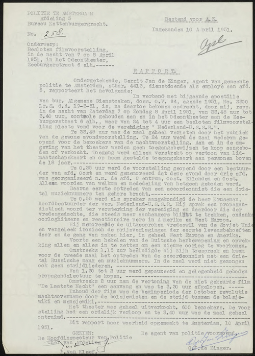 Verslag van een agent van politie n.a.v. bijeenkomst van de Ver. Ned. USSR van 7 op 8 april 1951, bron: politiearchief, inv.nr.  5225 – 4878.  