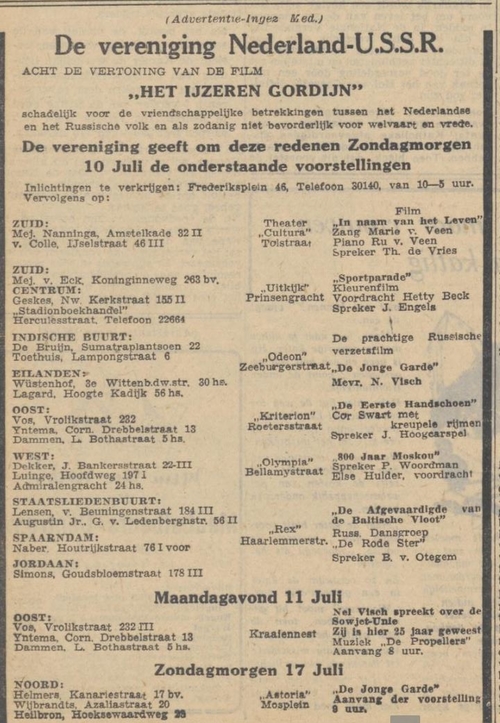 De Ver. Nederland – USSR en de vertoning van de film: Het IJzeren Gordijn, bron: De Waarheid van 08-07-1949.   