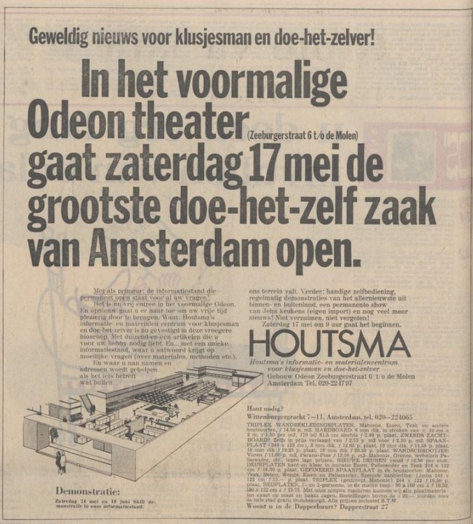 Advertentie voor Houtsma ‘in het voormalige Odeon theater’, bron: Het Parool van 16-05-1969.  