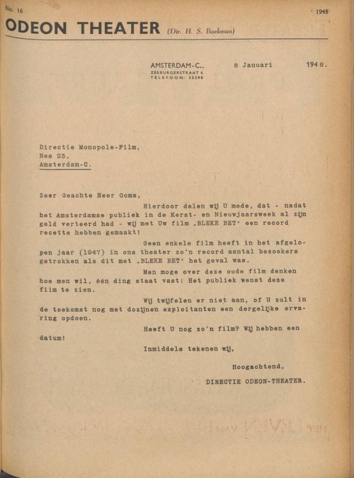 Brief n.a.v. het succes van de voorstelling ‘Bleke Bet’, bron: Nieuw weekblad voor de cinematografie, jrg 22, 1948, no 16, 16-01-1948  