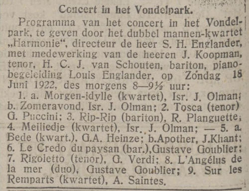 Concert in Het Vondelpark met Sam en Louis Englander. Bron: De Tĳd: godsdienstig-staatkundig dagblad van 17-06-1922  