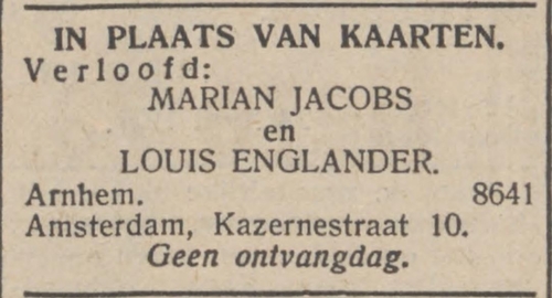 Verloving van Louis Englander en Marianna Jacobs. Bron: Nieuw Israelietisch weekblad van 01-05-1931  