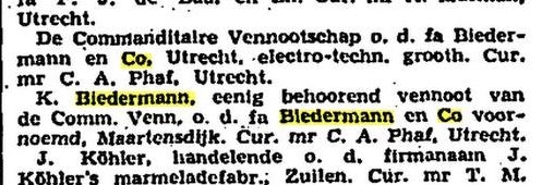 Bericht over het faillissement van K. Biedermann, bron: Vaderland 11-08-1939   