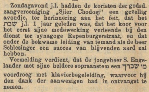 Kort artikel uit het NIW van 6 januari 1911 over het eerste optreden van Samuel H. Englander.   
