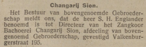 Samuel Englander wordt directeur van het zangkoor van Bachoerei, bron: het NIW 11-06-1920  