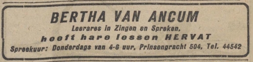 Advertentie voor lerares Bertha van Ancum in het Algemeen Handelsblad van 10-09-1923.  