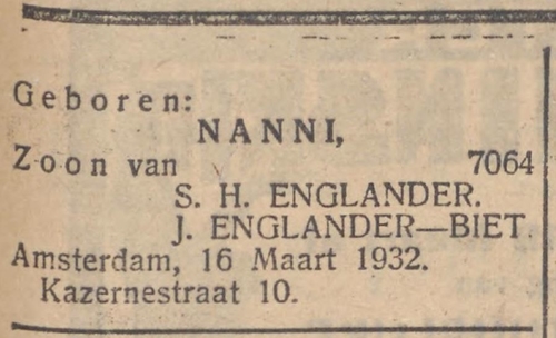 Familiebericht betreffende de geboorte van zoon ‘Nanni’ Englander in het NIW van 18-01-1932  