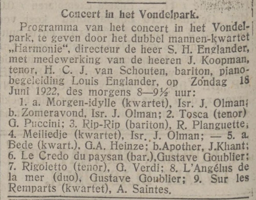 Het Dubbel mannenkwartet Harmonie in het Vondelpark op zondag 18 juni 1922. Bron: De Tĳd : godsdienstig-staatkundig dagblad van 17-06-1922  