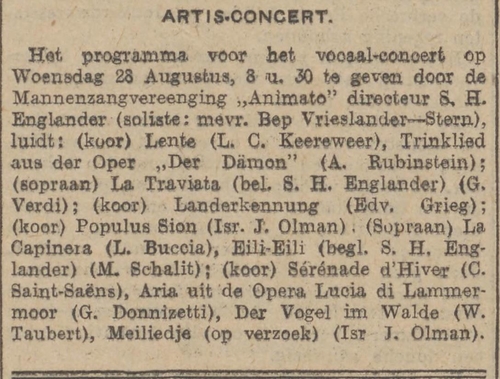 Het grote Artis concert van Animato o.l.v. Englander, bron: het Algemeen Handelsblad van 27-08-1929  