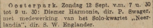 Het Neerlandia kwartet o.l.v. Samuel Englander in het Oosterpark, bron: Algemeen Handelsblad van 11-09-1926  
