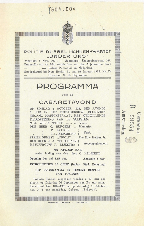 Het Politie Dubbelmannen Kwartet Onder Ons 1925, bron SAA inventaris 15009-22547  