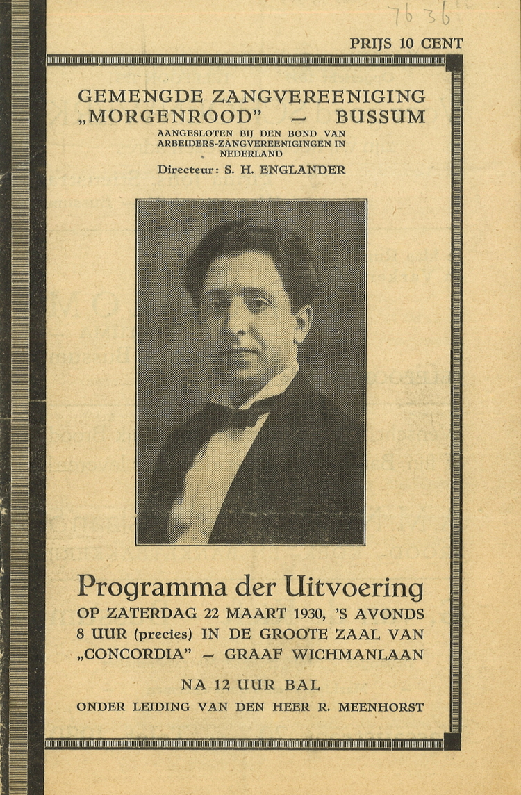 Brochure met aankondiging optreden van het Koor Morgenrood op zaterdag 22 maart 1930, bron: JCK   