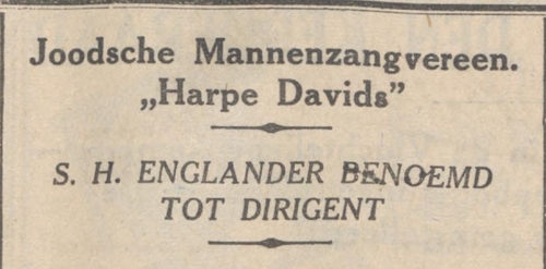 Samuel Englander benoemt tot dirigent van Harpe Davids, bron: het NIW van 24-03-1939   