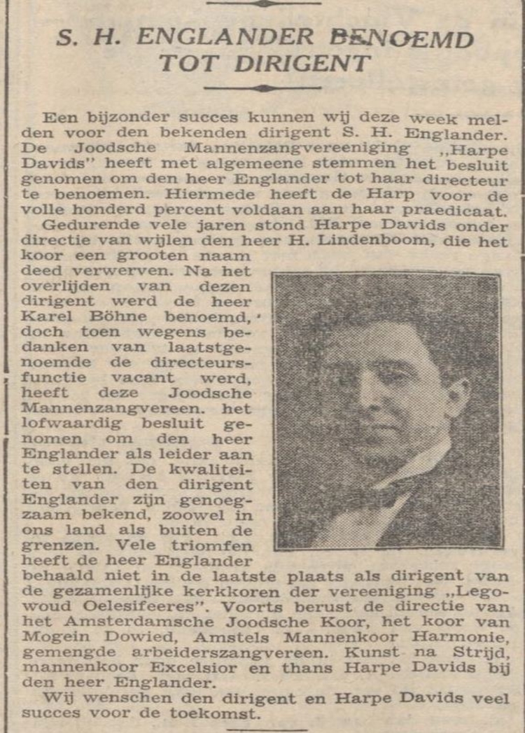 Benoeming Samuel Englander tot dirigent Harpe Davids, bron: het NIW van 24-03-1939   