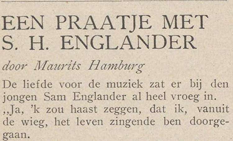 Kop van het interview van Maurits Hamburg met Samuel Englander. Bron; De Vrijdagavond van 19-11-1926  