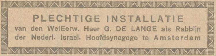 Plechtige installatie van Rabbijn de Lange, bron: het NIW van 06-05-1927  