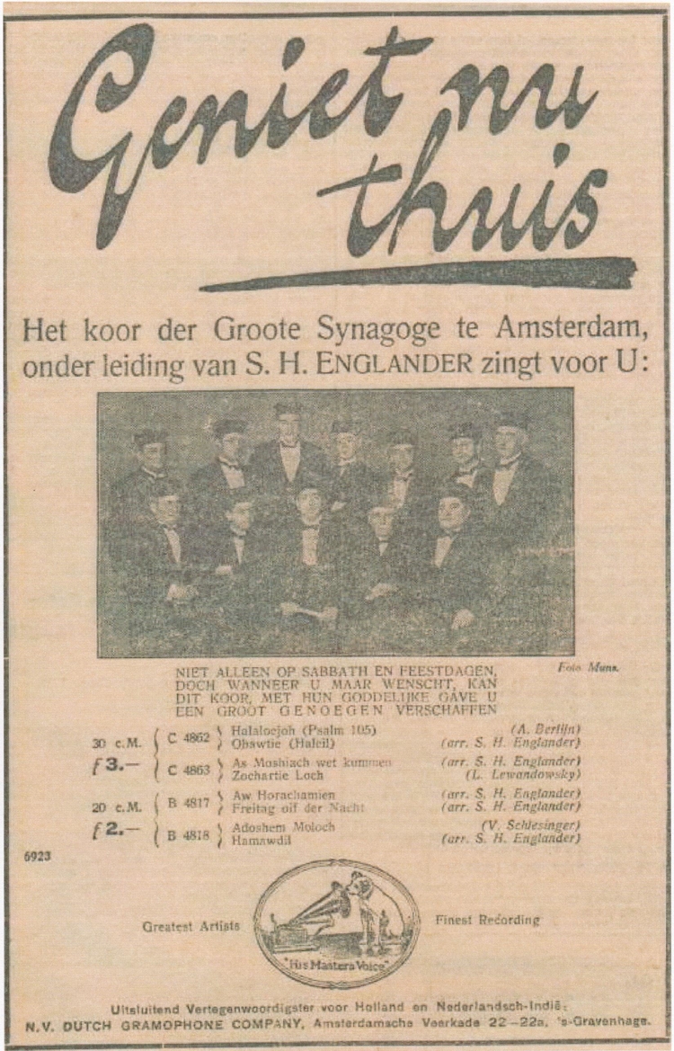 Advertentie voor de opnamen van His Masters Voice, bron: het NIW van 28-02-1930  