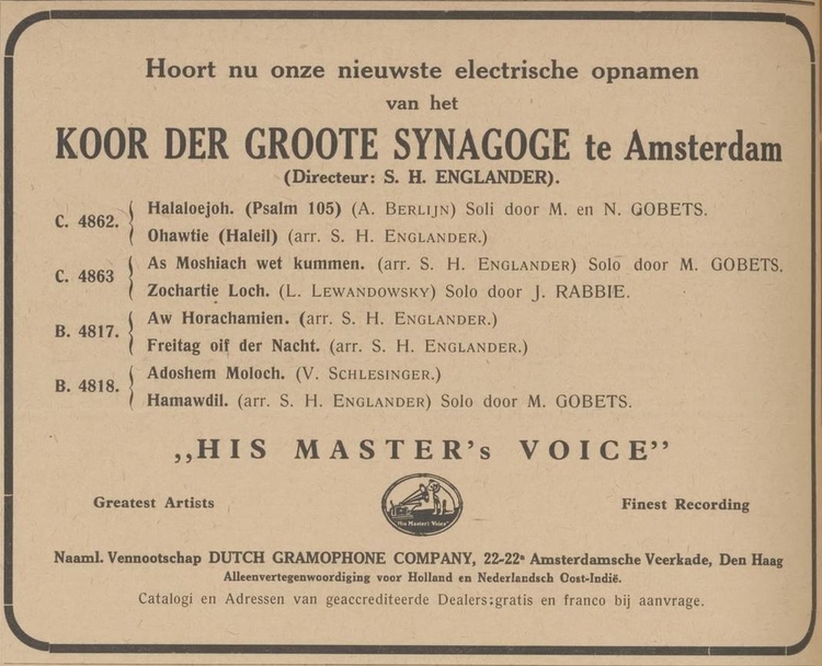 Advertentie voor de ‘electrische opnamen’ van het koor van de Grote Synagoge. Bron: Centraal blad voor Israëlieten in Nederland  van 14-03-1930  