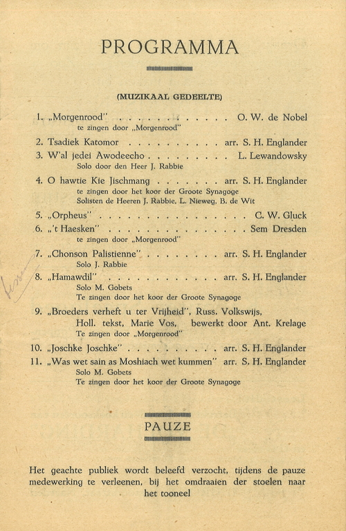Programma van het concert van het koor Morgenrood uit 1930 en het koor van de Grote Synagoge, beide o.l.v. Englander, bron het JHM.  