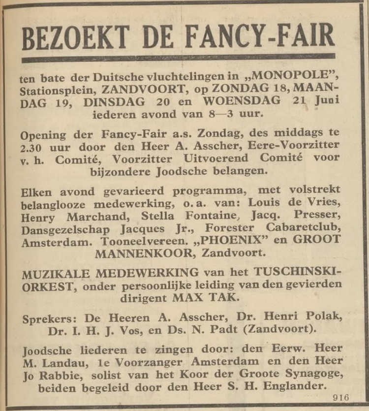 Bezoekt de Fancy Fair, bijeenkomst ten bate van de Duitse vluchtelingen. Bron: Centraal blad voor Israëlieten in Nederland van 16-06-1933  