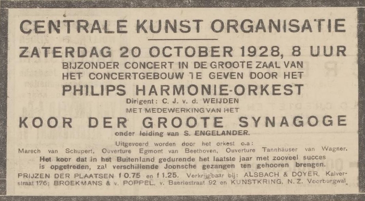 Advertentie voor het optreden van Harmonieorkest van Philips met het Koor van de Grote Synagoge, bron: Centraal Blad van 12-10-1928  
