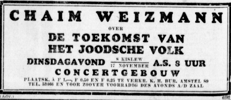 Advertentie voor de bijeenkomst met Chaim Weizmann, bron: De Telegraaf van 16-11-1931  