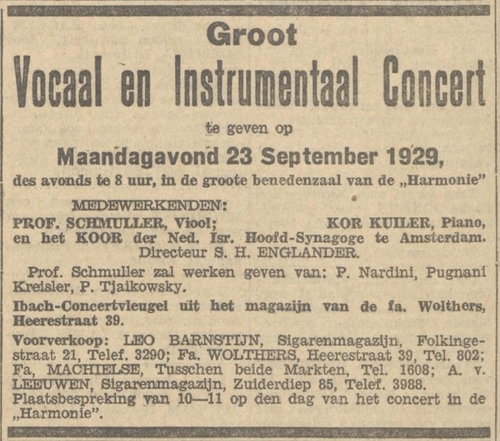 Optreden in De Harmonie Groningen, bron: Nieuwsblad van het Noorden van 18-09-1929  