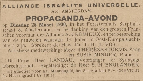 Propaganda-avond in het Forestershuis met Samuel Englander als begeleider, bron: het Centraal blad voor Israëlieten in Nederland van 21-03-1930  