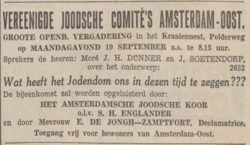 Bijeenkomst in het Kraaiennest, later verplaatst naar de Synagoge Linnaeusstraat, bron: NIW van 16-09-1938  