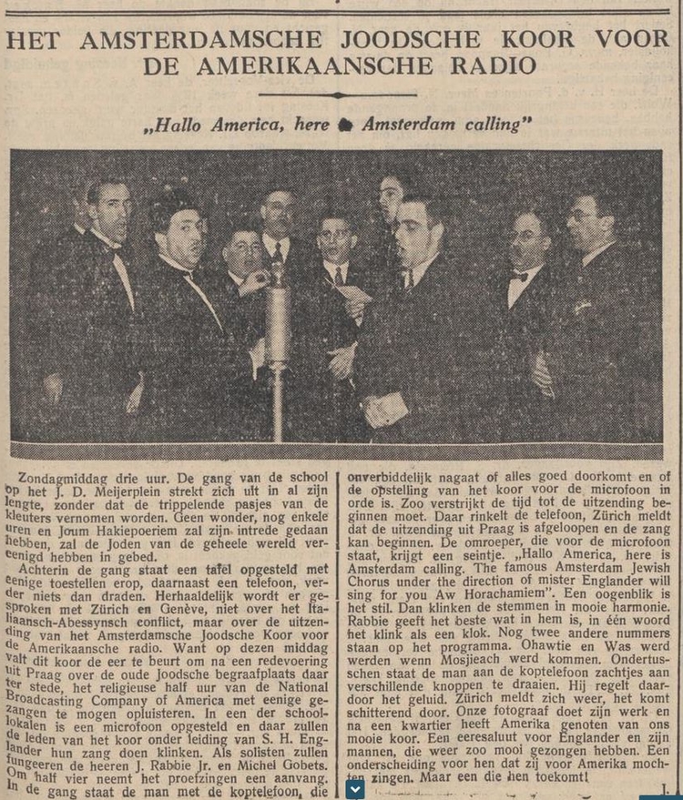 HET AMSTERDAMSCHE JOODSCHE KOOR VOOR DE AMERIKAANSCHE RADIO, bron: NIW 11 10 1935    