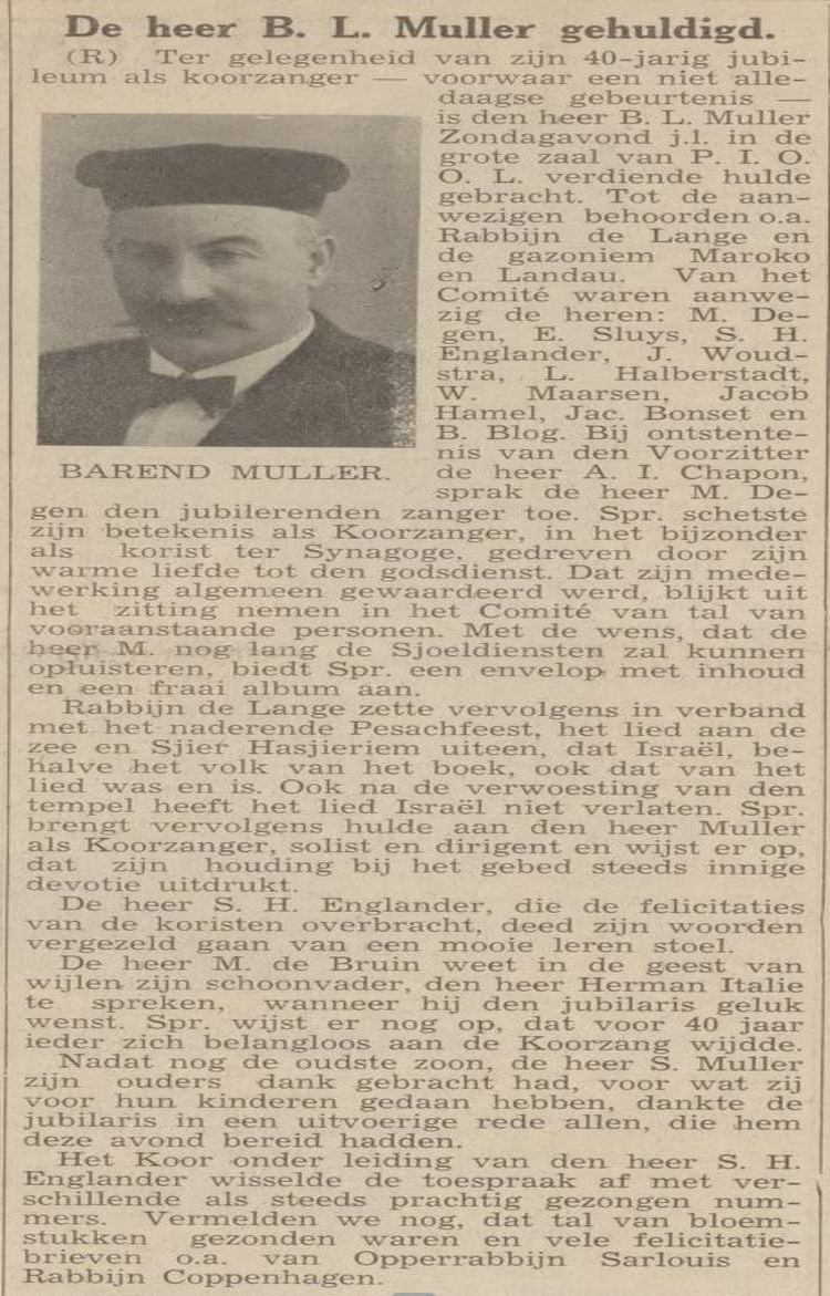 Huldiging Barend Mulder, bron: Centraal blad voor Israëlieten in Nederland van 17-03-1937  