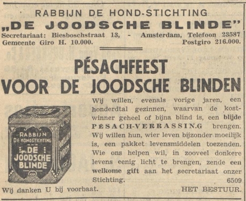 Advertentie voor de St. De Joodsche Blinde, bron: het NIW van 12-04-1940  