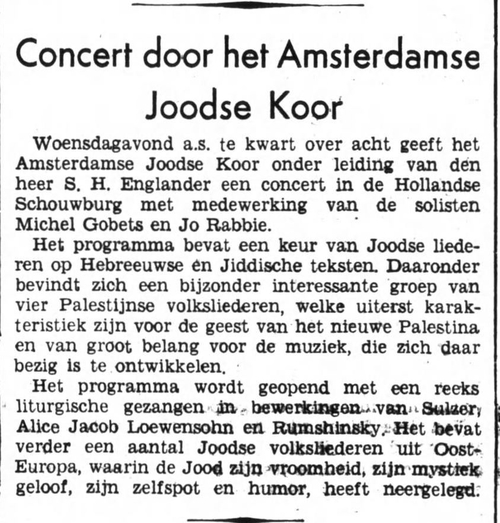 Aankondiging van het concert in de Hollandsche Schouwburg door het Amsterdamsch Joodsch Koor, bron: Het Volk: dagblad voor de arbeiderspartĳ van 06-05-1940  