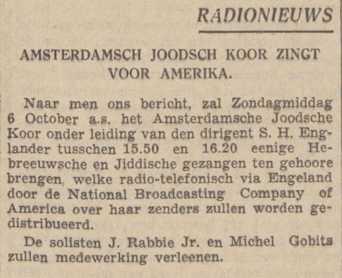 Aankondiging van het radio-optreden, bron: het Algemeen Handelsblad van 05-10-1935       