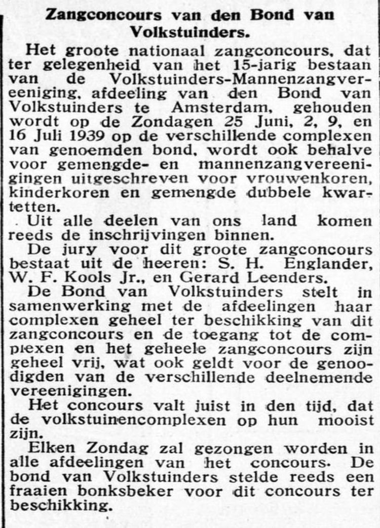 Aankondiging van het zangcours van de Bond van Volkstuinders, bron: De Gooi- en Eemlander : nieuws- en advertentieblad van 01-03-1939  