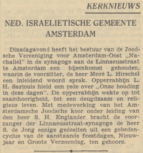 Kort verslag van de bijeenkomst in de Synagoge Linnaeusstraat, bron: Het Algemeen Handelsblad van 07-09-1939  