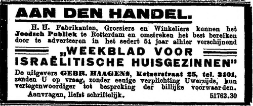 Advertentie voor het Weekblad voor Isr. Huisgezinnen, bron: Nieuwe Rotterdamsche Courant van 12-11-1923  
