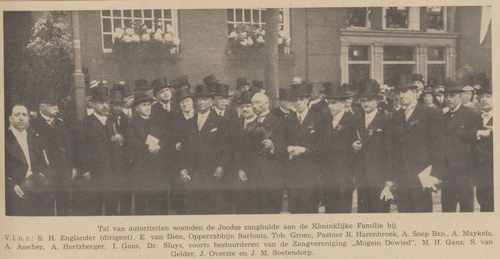 Tal van Joodse autoriteiten bij de ontvangst van de koninklijke familie, bron: Centraal blad voor Israëlieten in Nederland van 17-06-1937   