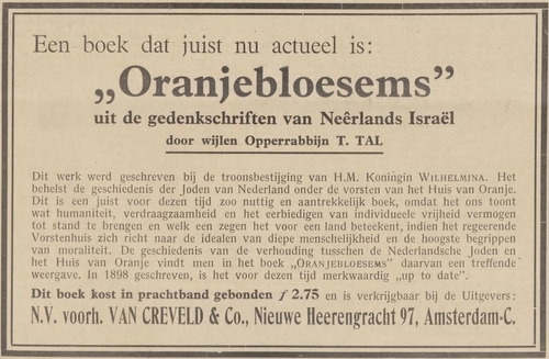 Advertentie voor het boek ‘Oranjebloesems’, bron: Centraal blad voor Israëlieten in Nederland van 25-08-1938  