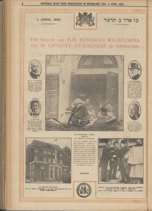Koningin Wilhelmina bezoekt de Grote Synagoge, bron: Centraal Blad voor Israëlieten in Nederland, 04-04-1924  