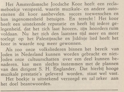 Aanbeveling van de brochure. Bron: het Maandblad van "Mizrachie, afd. van den Nederl. Zionistenbond, jrg 20, 1937, no 7, 1937  