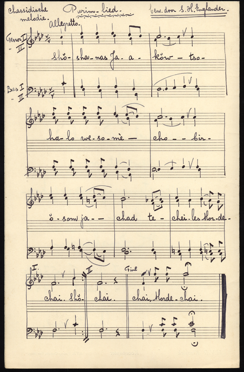 Fotokopie van bladmuziek (2) van S.H. Englander van het chassidische poeriemlied "Shoshanas Ja'akow" voor vierstemmig mannenkoor, 14 maart 1943. Bron: JHM.  