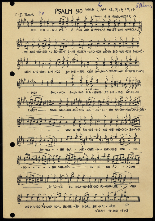 Fotokopie van bladmuziek (1) van S.H. Englander van de tenor- en baspartij van Psalm 90, 16 mei 1943. Bron: JHM.  